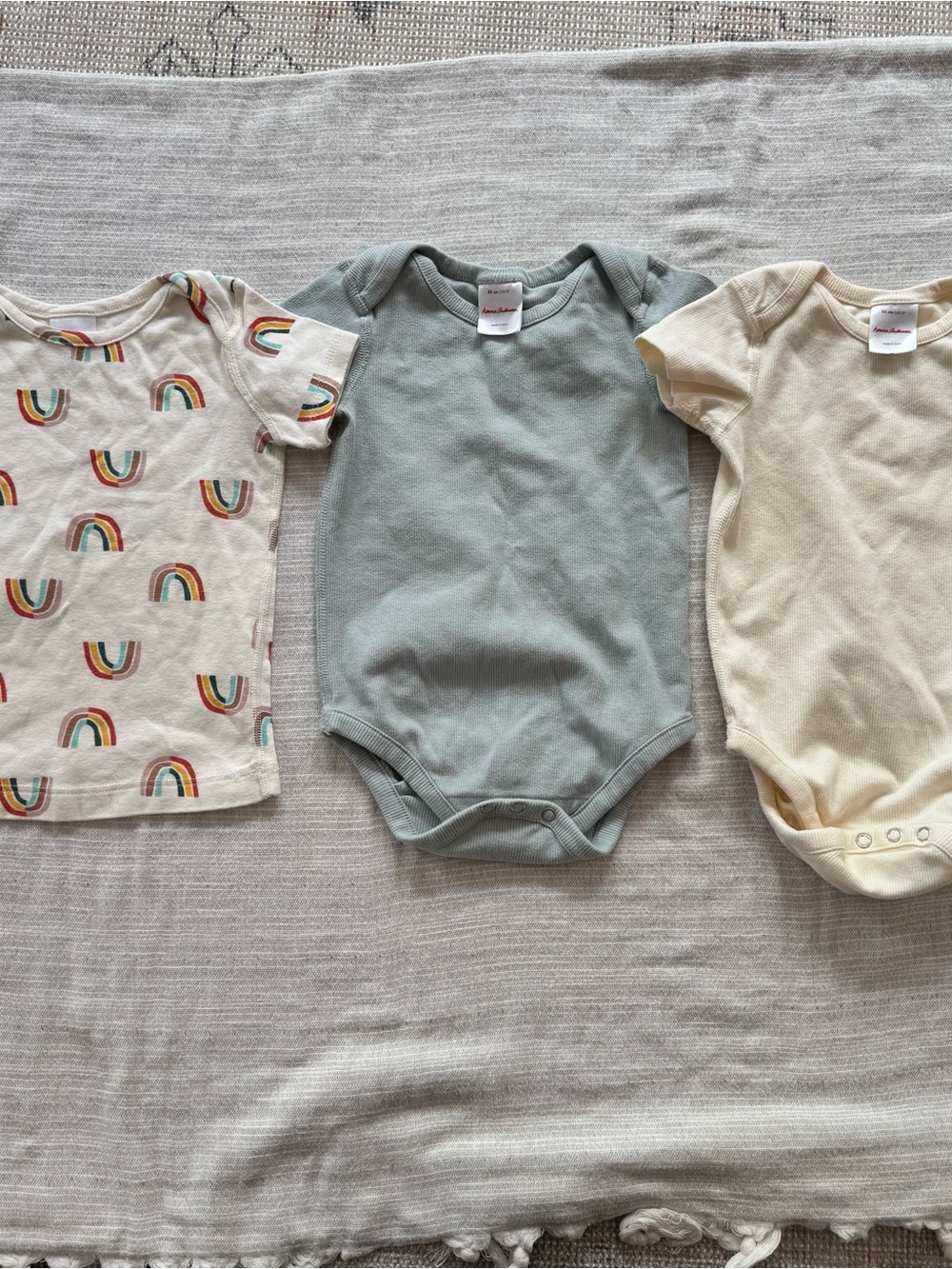 Hanna Andersson Rainbow Tee, Sage Green Bodysuit, Cream Bodysuit